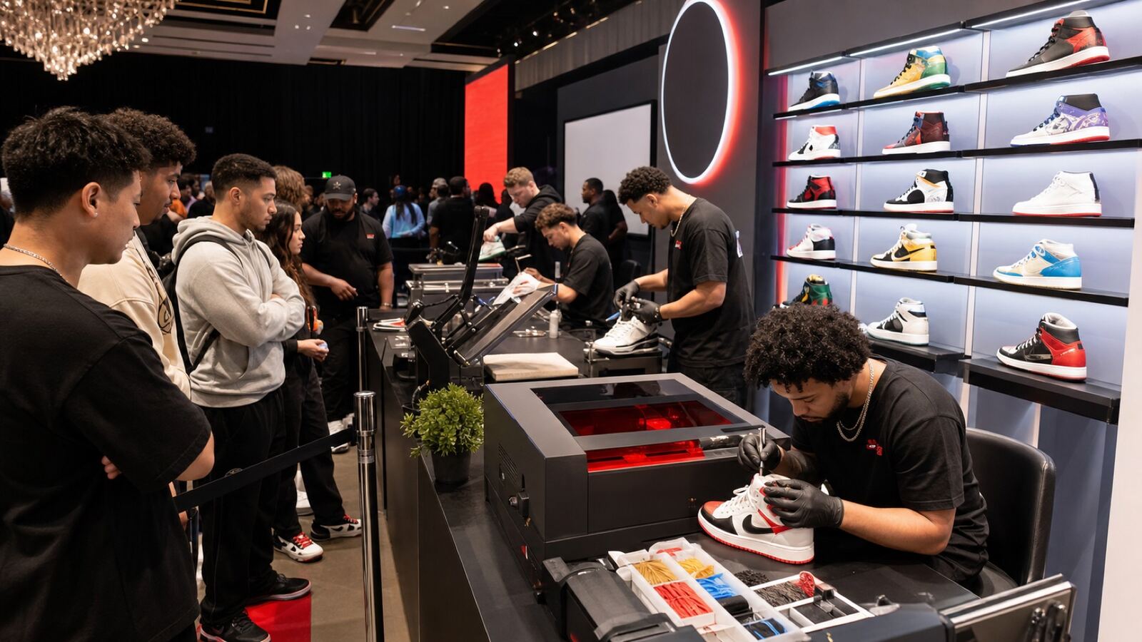 Guests lined up at a sneaker customization booth while Merch Troop operators personalize shoes at heat press and engraving stations